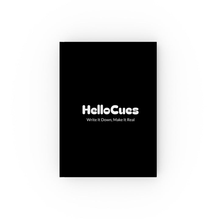 HelloCues hard-backed journal, black cover printed with the HelloCues logo and "Write It Down. Make It Real."