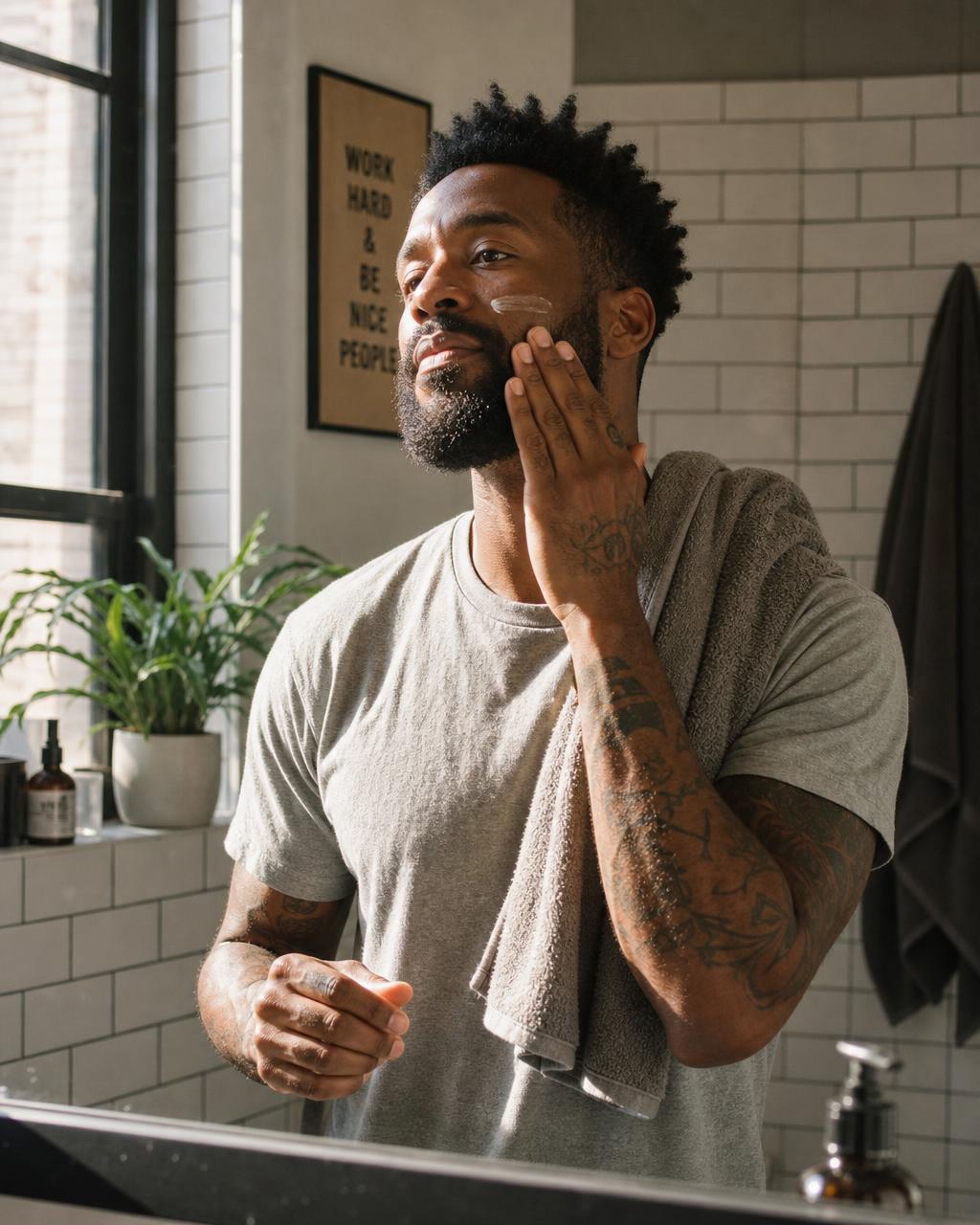 A man applying beard cream at a bathroom mirror in morning light